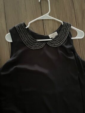 LOFT Black Sleeveless Shell with Beaded Peter Pan Collar